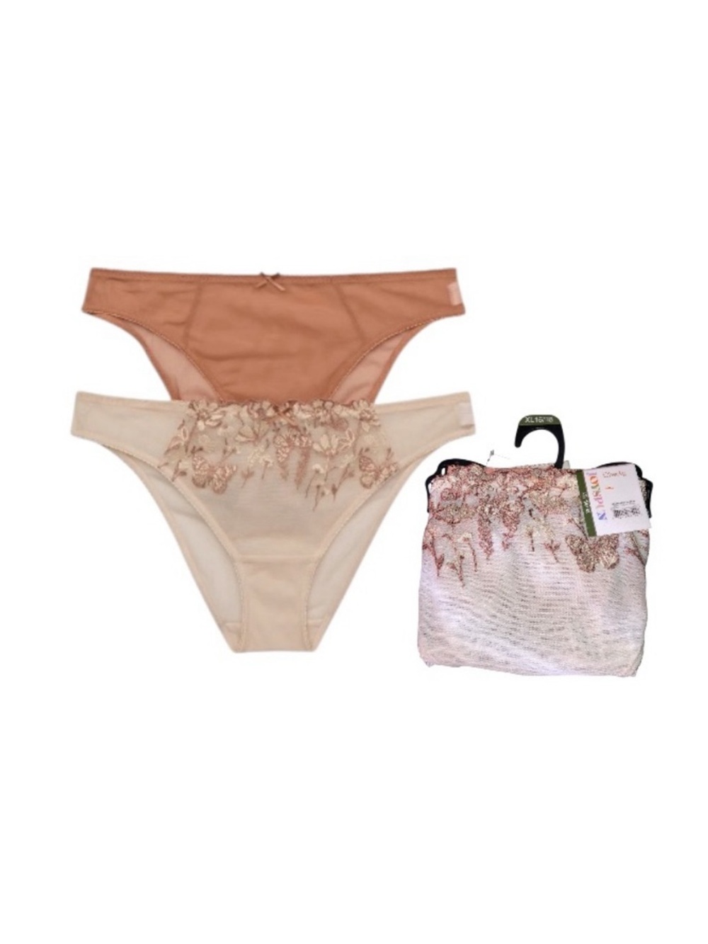 Joyspun Elegant Lace Trim Embroidered Panty Set - Tan and Cream